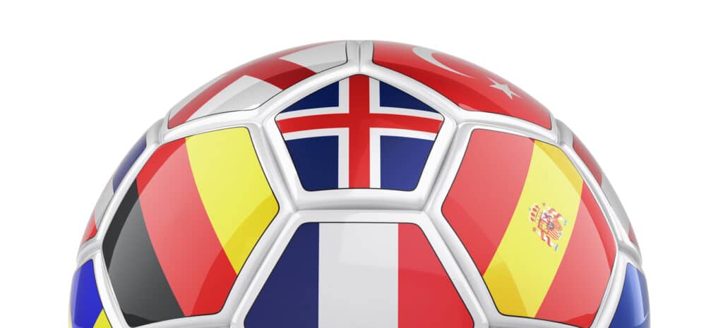Soccerball with flags of qualified teams for Euro 2016